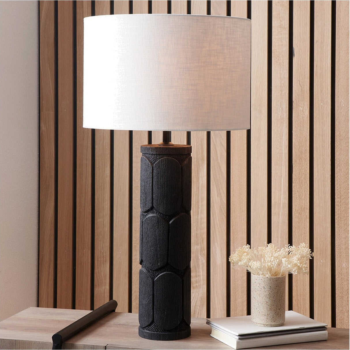 Aurelia Embossed Black Wood Tall Table Lamp Base - 49cm