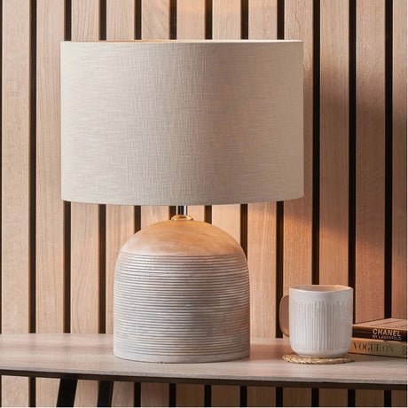 Nelu Grey Engraved Wood Dome Table Lamp with Self Lined Shade