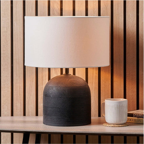 Nelu Black Engraved Wood Dome Table Lamp with White Handloom Shade
