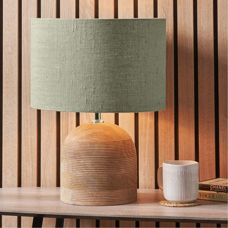 Nelu Engraved Wood Dome Table Lamp with Pistachio Green Linen Shade