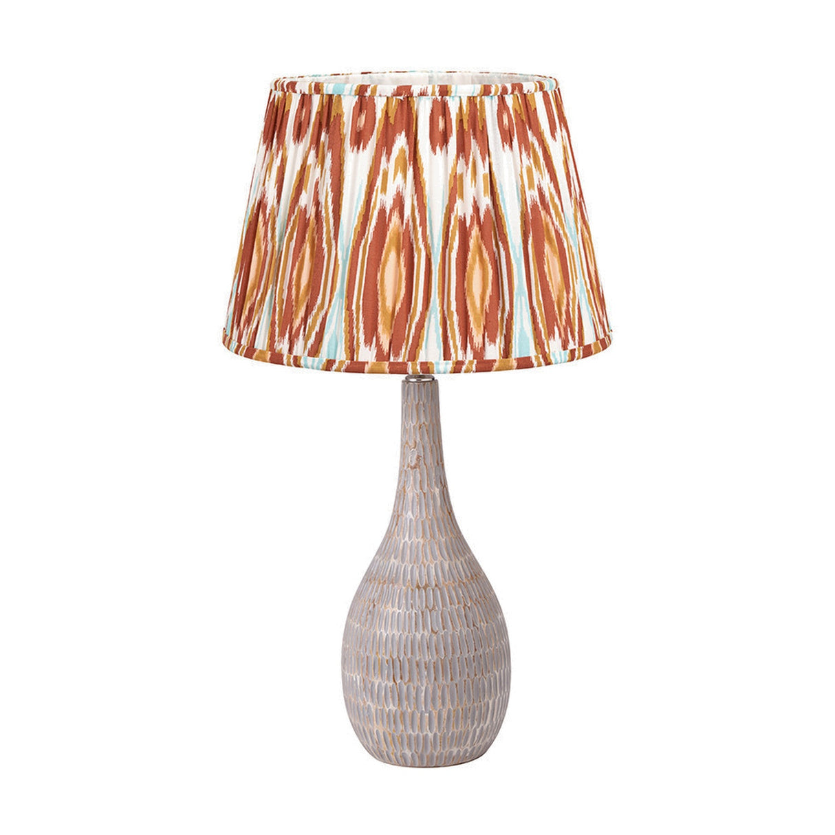 Ioan Grey Engraved Wood Bottle Table Lamp with Cinnamon Ikat Shade