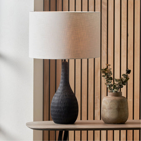 Ioan Black Engraved Wood Bottle Table Lamp with White Self Lined Shade