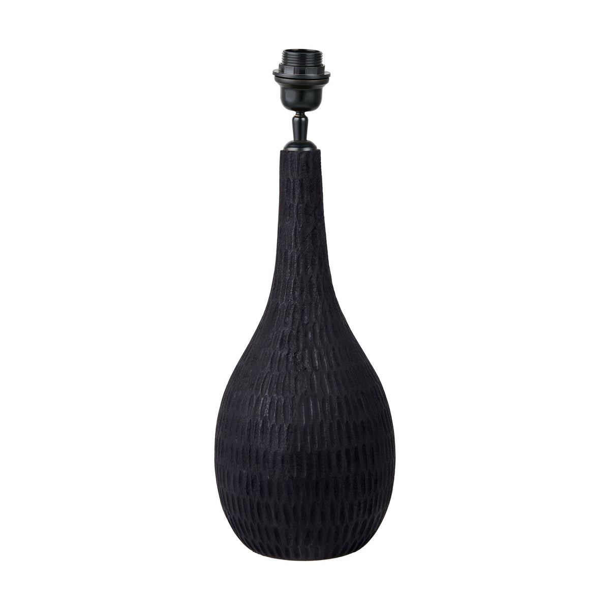 Ioan Black Engraved Wood Bottle Table Lamp Base, 49cm, with bulbous carved body, tapered neck, and black metal fitting, shown on a plain white background.