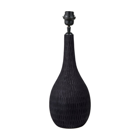 Ioan Black Engraved Wood Bottle Table Lamp Base, 49cm, with bulbous carved body, tapered neck, and black metal fitting, shown on a plain white background.
