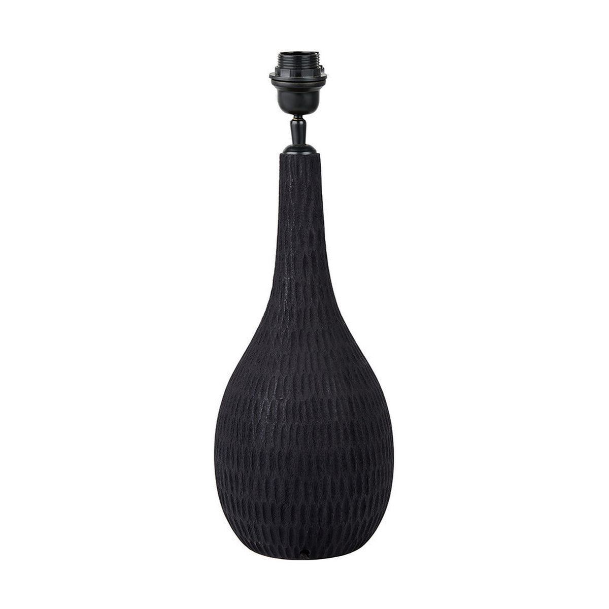Ioan Black Engraved Wood Bottle Table Lamp Base, 49cm, with textured carved bottle-shaped body and black metal fitting, shown on a plain white background.