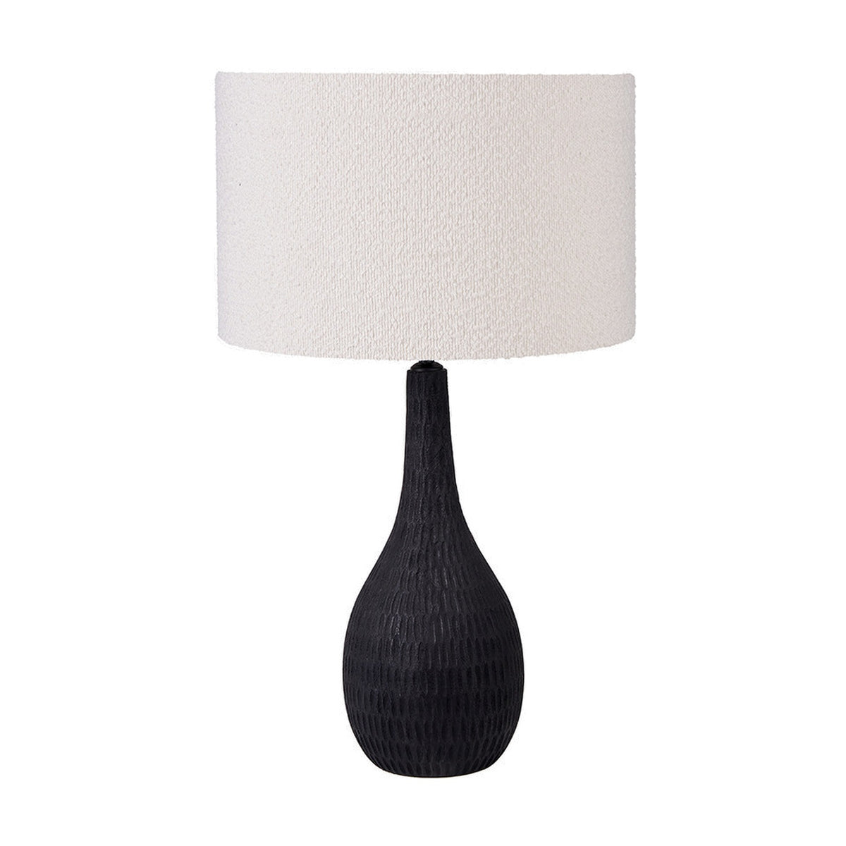 Ioan table lamp with a black engraved wood bottle-shaped base and a white textured drum shade, shown on a plain white background.