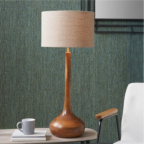 Toma Oiled Wood Tall Neck Table Lamp with Linen Cylinder Shade - 72cm