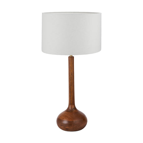 Toma Oiled Wood Tall Neck Table Lamp with a rounded wood base, slender tall neck, and white self-lined drum shade, shown on a plain white background.