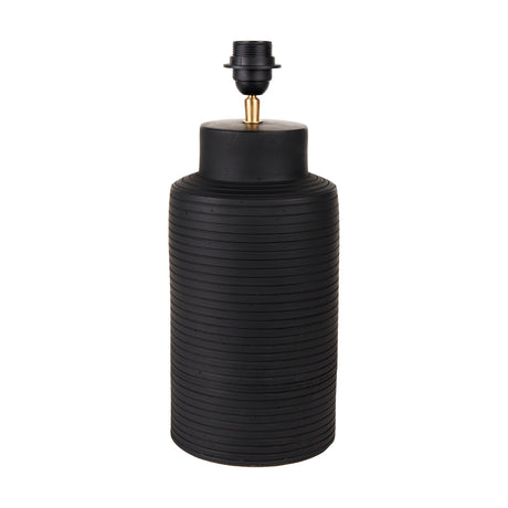 Sierra Black Tall Ribbed Terracotta Table Lamp Base, 41cm cylindrical ceramic column with horizontal ribbed texture and brass lamp fitting, shown on a plain white background.