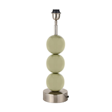 Sofia table lamp base with three stacked sage green enamel balls on a silver metal stem and round silver base, on a plain white background.