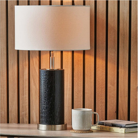 Laurence Black Croc Leather & Silver Cylindrical Table Lamp