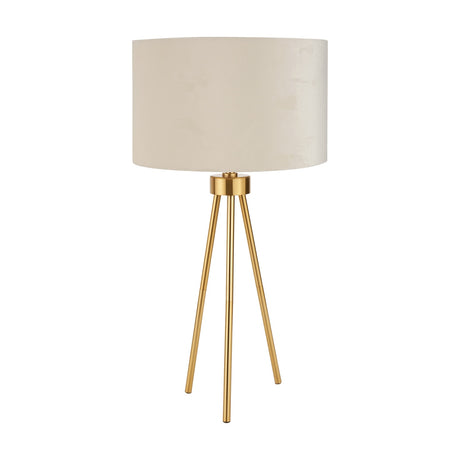 Houston Brushed Brass Gold Tripod Table Lamp, 62cm, with cream drum shade and slender three-legged gold metal base, shown on a plain white background.