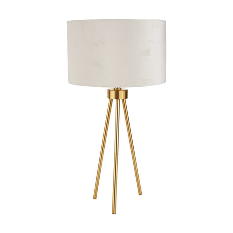 Houston Brushed Brass Gold Tripod Table Lamp, 62cm, with a round white fabric drum shade on a slim three-legged brass base, shown against a plain white background.