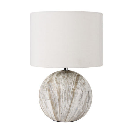 Viejo Grey Stone Effect Ceramic Table Lamp, 37cm, with a round marbled grey ceramic base and white drum fabric shade, shown on a plain white background.