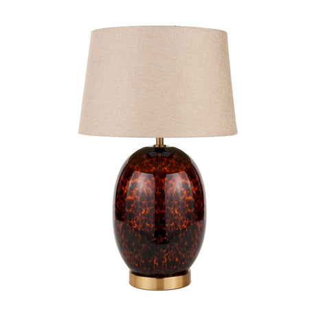Lucien Tortoiseshell Brown Glass Tall Table Lamp, 52cm, with a rounded glass base in brown tortoiseshell finish, brass trim, and a beige linen drum shade on a plain white background.