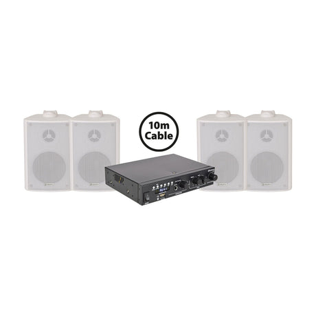 Adastra A22 background music package by AVSL with black compact amplifier and four white BC3-W wall speakers, shown with 10m cable label on white.