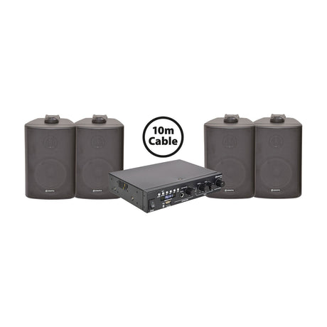 Adastra BC3 background music package with four black BC3-B wall speakers and A22 amplifier with 10m cable, shown on a white background.
