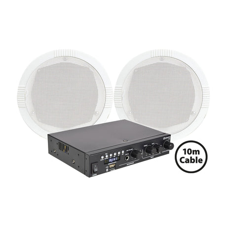 Adastra A22 amplifier with two RC5 white round flush-mount ceiling speakers and 10m cable label, shown on a plain white background.