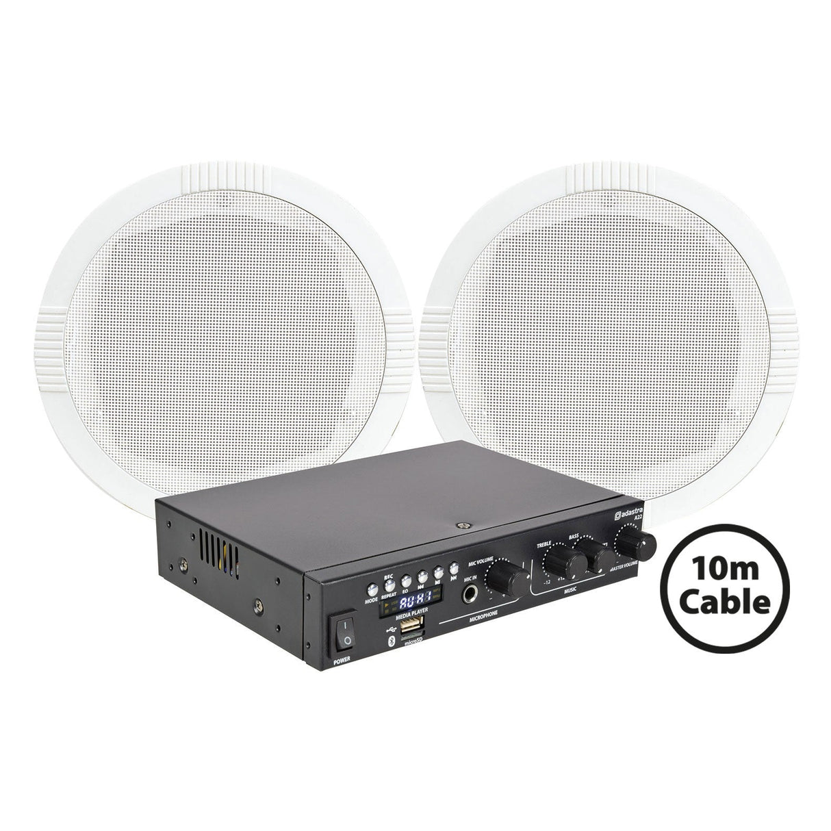 Adastra 2 x RC5 Ceiling Speakers with A22 Bluetooth Amplifier shown, featuring control knobs and ports, plus a 10-meter cable—perfect for creating a background music system.