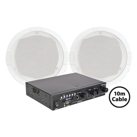 Adastra 2 x RC5 Ceiling Speakers with A22 Bluetooth Amplifier shown, featuring control knobs and ports, plus a 10-meter cable—perfect for creating a background music system.
