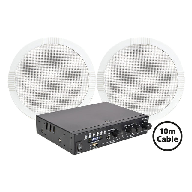 Adastra 2 x RC5 Ceiling Speakers with A22 Bluetooth Amplifier shown, featuring control knobs and ports, plus a 10-meter cable—perfect for creating a background music system.