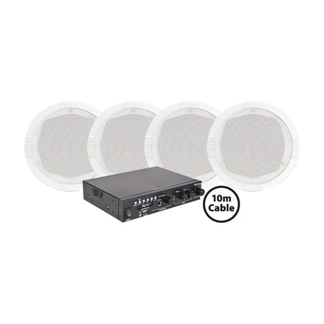 Adastra A22 amplifier with black casing and control knobs alongside four round white RC5 ceiling speakers and 10m cable, shown on a plain white background.