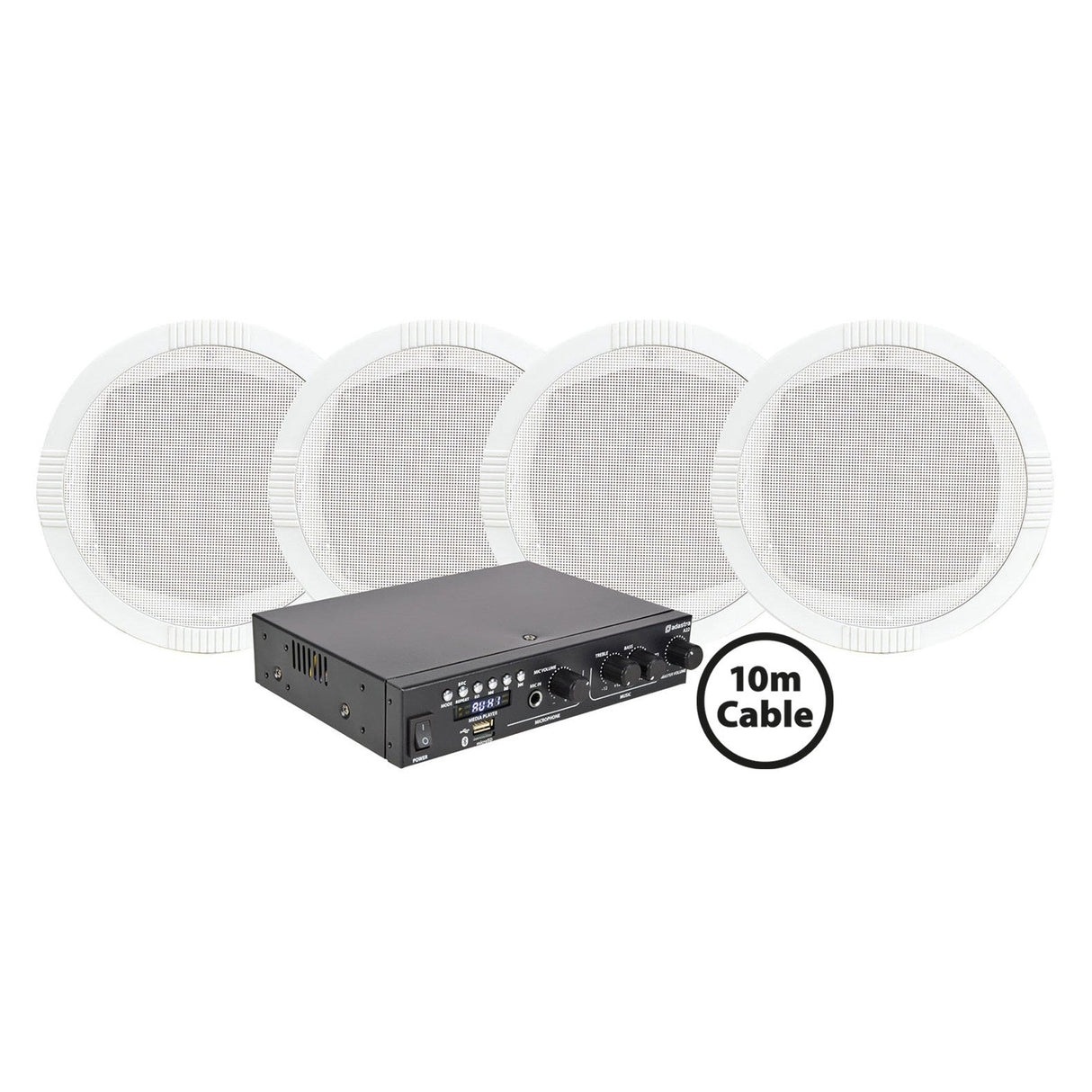 The Adastra 4 x RC5 Ceiling Speakers with A22 Bluetooth Amplifier come with a 10m cable—ideal for a seamless background music system.