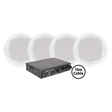 The Adastra 4 x RC5 Ceiling Speakers with A22 Bluetooth Amplifier come with a 10m cable—ideal for a seamless background music system.