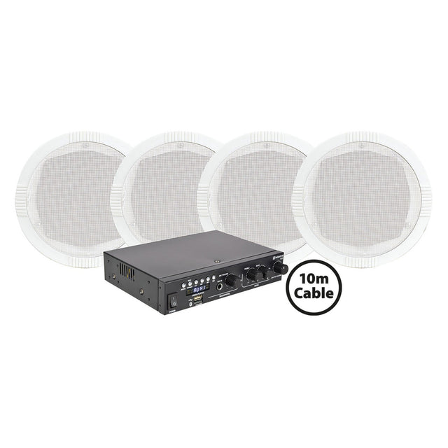 The Adastra 4 x RC5 Ceiling Speakers with A22 Bluetooth Amplifier come with a 10m cable—ideal for a seamless background music system.