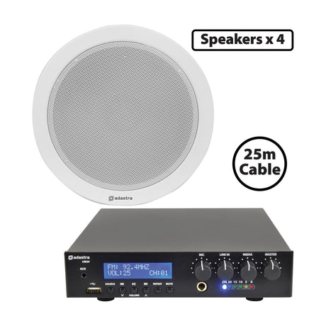 Adastra EC56V round white ceiling speaker shown with the UM30 black Bluetooth mixer-amplifier, labelled as a 4-speaker kit with 25m cable.