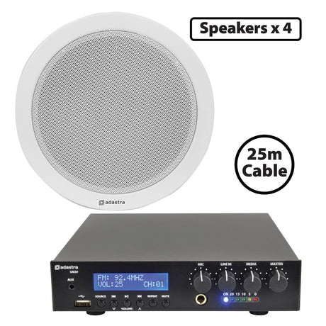 The Adastra 4 x 30W Ceiling Speaker PA system includes 4 round white ceiling speakers, a black Bluetooth/USB mixer amplifier with display and control knobs, plus a 25m cable—ideal as a complete ceiling speaker package.