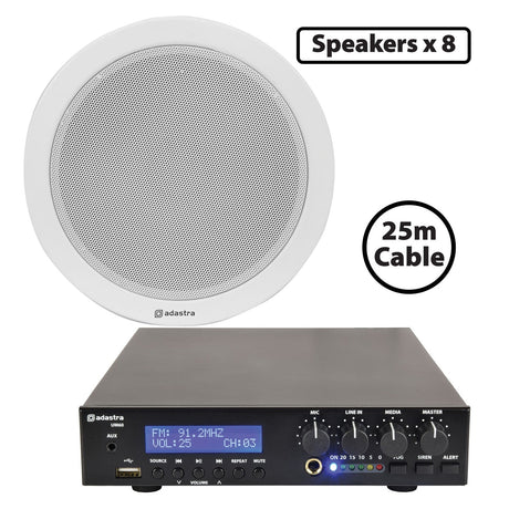 The Adastra 8 x 60W Ceiling Speaker PA includes 8 round white ceiling speakers, a 25m cable, and a black Bluetooth/USB mixer amplifier with digital display and input buttons. Set includes: Speakers x8 & 25m Cable.