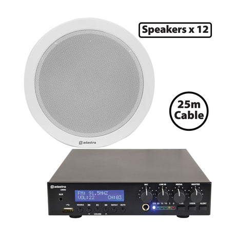Adastra UM90 ceiling speaker and amp package with 12 round white 5.25" ceiling speakers, black mixer-amp with control knobs, and 25m cable.