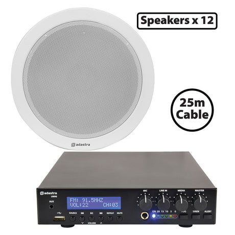 The Adastra 12 x 90W Ceiling Speaker PA with BT/USB Bluetooth Mixer Amplifier—includes 12 ceiling speakers and a 25m cable—delivers seamless background audio, controlled easily via its display and knobs.