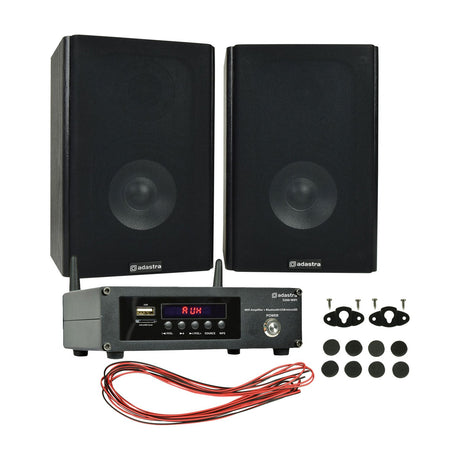 Adastra AB-5 and S260-WiFi bookshelf speaker package with two black speakers, compact streaming amplifier, wall fixings, foam pads and speaker cable.