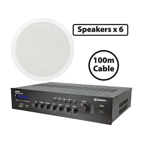 Adastra commercial 100V PA package with white 8" flush mount ceiling speaker, RM360S rack mixer amplifier, and labels noting six speakers and 100m cable.