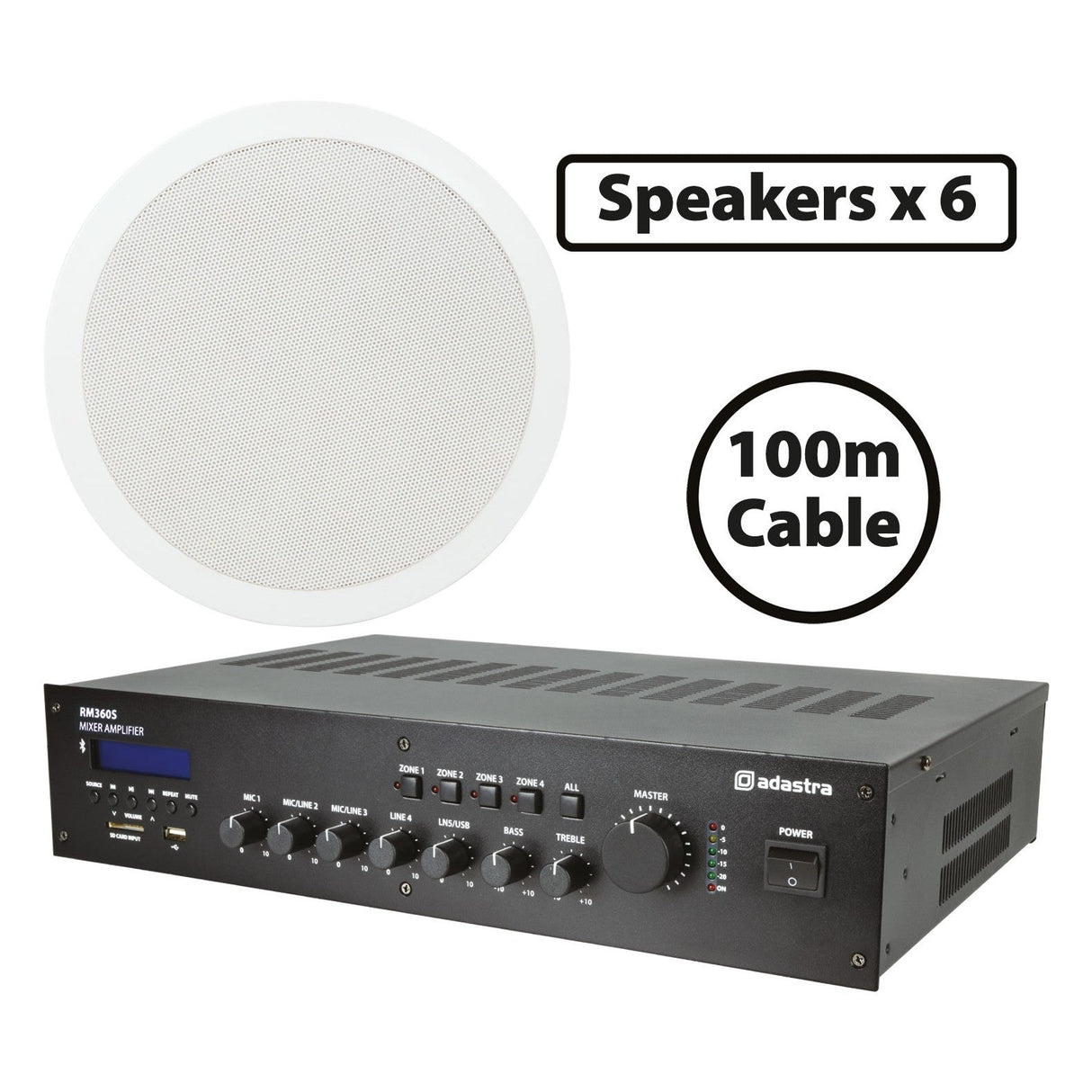 Adastra 6 x 360W Hi Power Ceiling Speakers with Bluetooth Mixer Amplifier, 6 speakers, and 100m cable shown on white—perfect for a professional commercial audio system setup.
