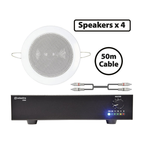 Adastra EC36V ceiling speaker package with white round 3" speaker, black US60 60W slave amplifier, twin RCA lead and 50m cable, shown on white.