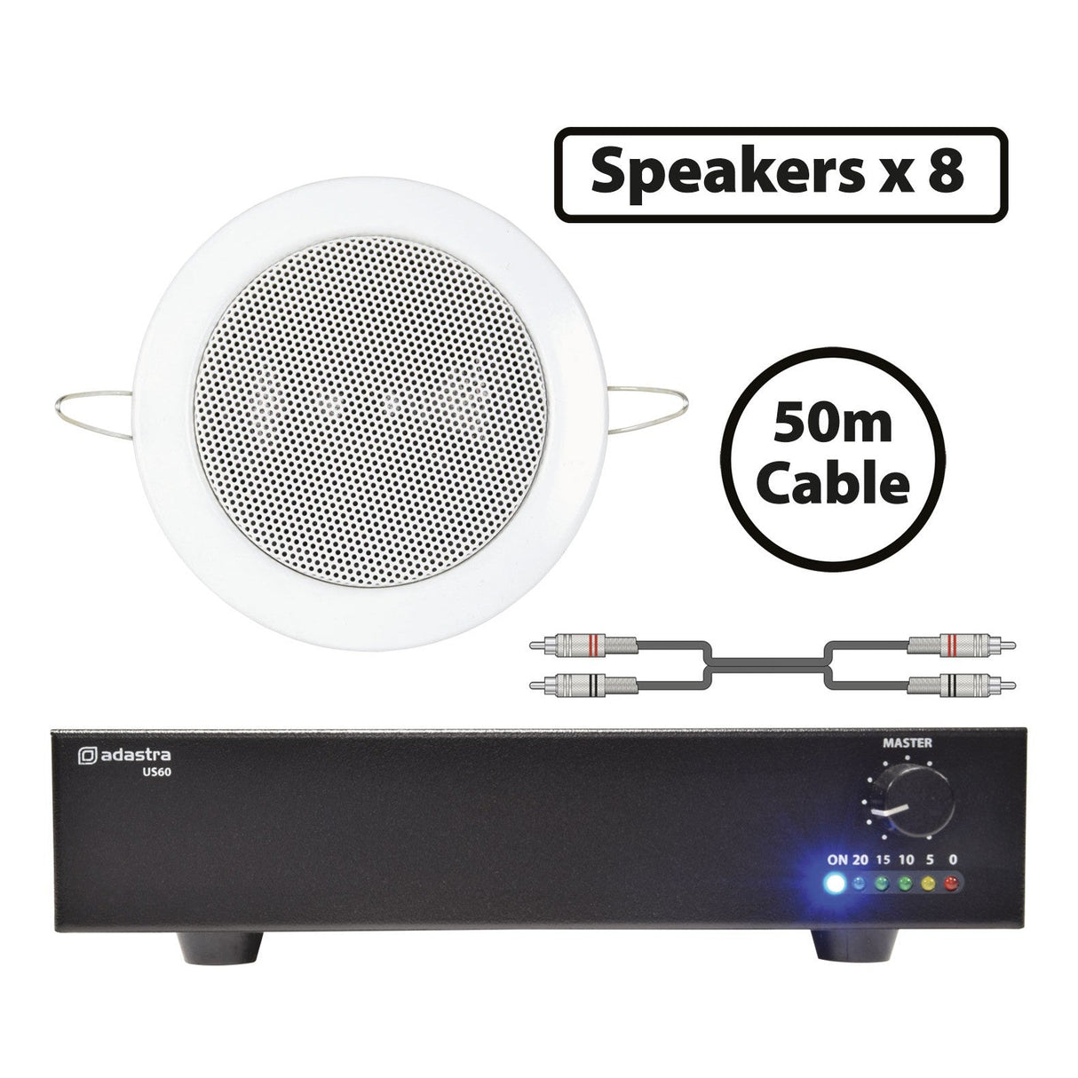 Adastra 8 x 60W Mini Ceiling Speakers With Compact Slave Amplifier kit includes ceiling speakers, a 50m cable, labels for 8 speakers, and a sleek black amplifier with control lights and buttons.