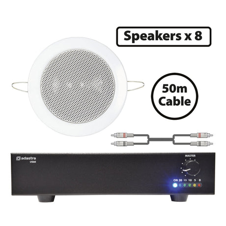 Adastra 8 x 60W Mini Ceiling Speakers With Compact Slave Amplifier kit includes ceiling speakers, a 50m cable, labels for 8 speakers, and a sleek black amplifier with control lights and buttons.
