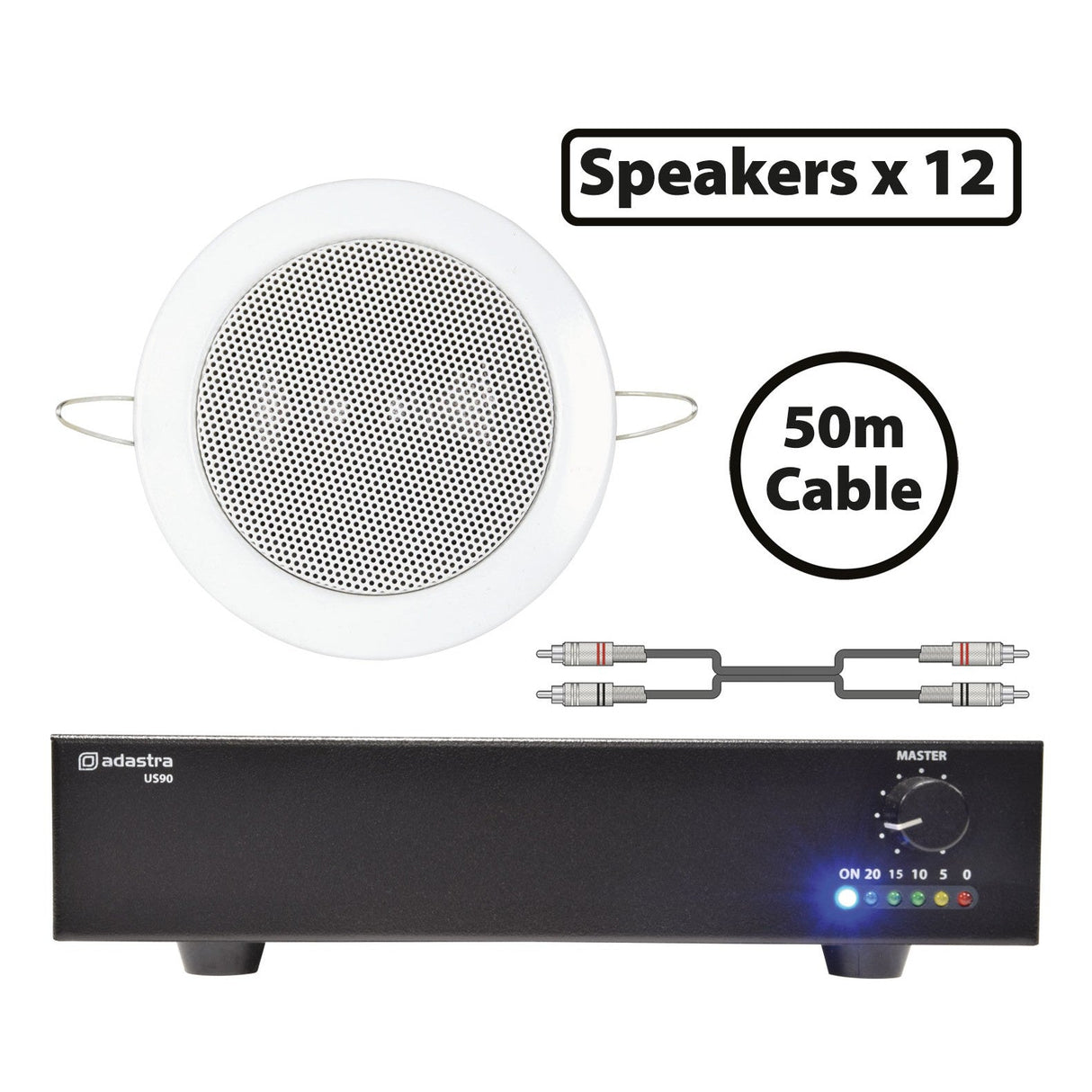 Image featuring Adastra 12 x 90W Mini Ceiling Speakers with a compact slave amplifier, indicator lights, a 50m cable, the text Speakers x12 and 50m Cable, plus a diagram of cable connectors for easy PA system expansion.