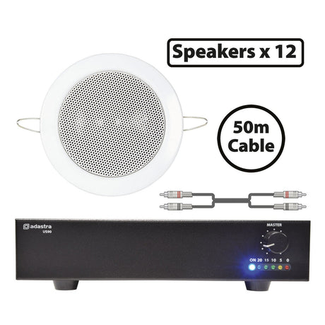 Image featuring Adastra 12 x 90W Mini Ceiling Speakers with a compact slave amplifier, indicator lights, a 50m cable, the text Speakers x12 and 50m Cable, plus a diagram of cable connectors for easy PA system expansion.