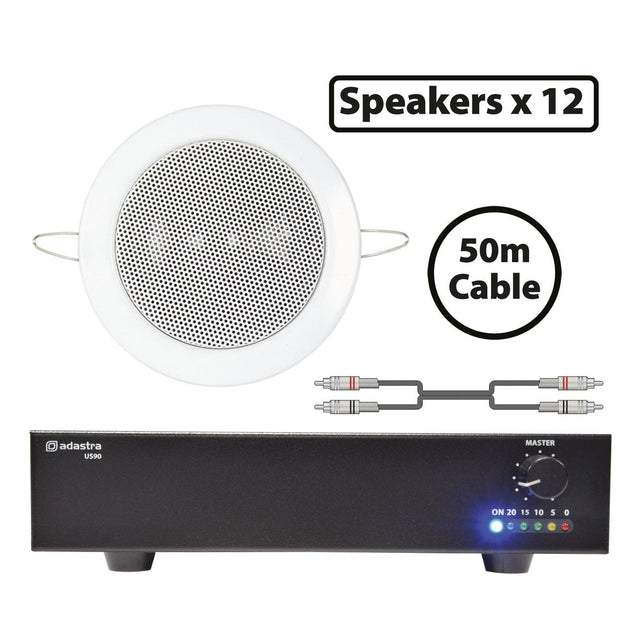 Image featuring Adastra 12 x 90W Mini Ceiling Speakers with a compact slave amplifier, indicator lights, a 50m cable, the text Speakers x12 and 50m Cable, plus a diagram of cable connectors for easy PA system expansion.