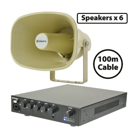 Adastra Forecourt horn speaker package with beige weatherproof horn speaker, bracket, black UA90 100V mixer-amplifier, 6 speakers, and 100m cable.