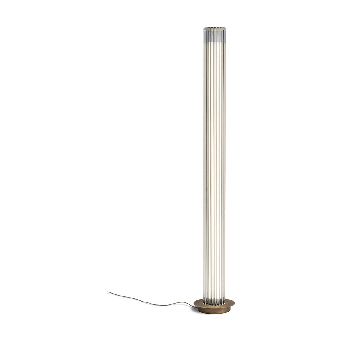 Dalvorne glass floor lamp with tall ribbed glass column, round satin bronze base and top cap, shown against a plain white background.