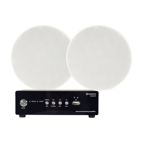 Adastra Smart Pack Multiroom1 WiFi ceiling speaker system with black streaming amplifier and two round white 6.5 inch ceiling speakers on a white background.