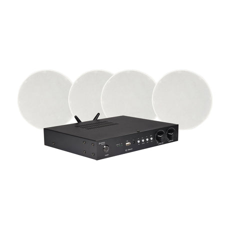 Adastra Smart Pack Multiroom2 WiFi ceiling speaker system with black two-zone amplifier and four round white ceiling speakers on a plain background.