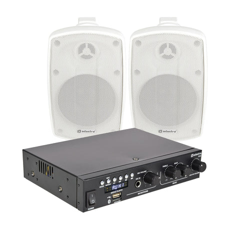 Adastra Smart Pack Outdoor2 kit with black stereo amplifier featuring media player controls and two white IP44 wall-mounted speakers on a white background.