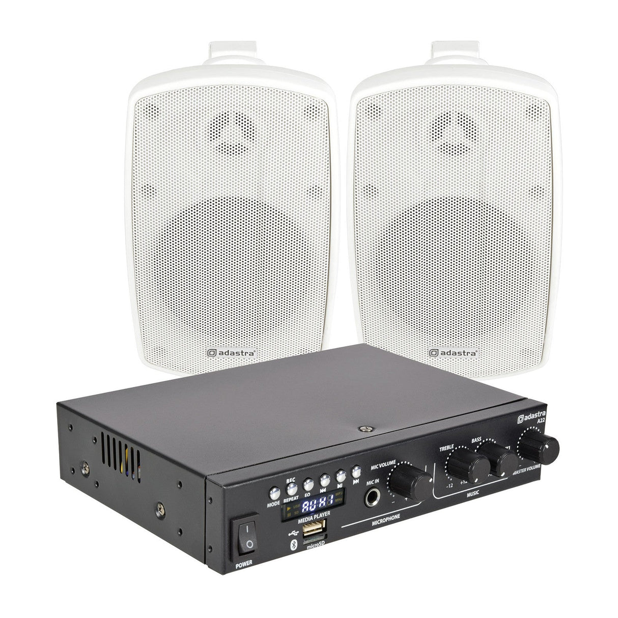 The Adastra 2 x Outdoor Wall Speakers with front grilles and visible logos are paired with a black compact stereo amplifier with knobs and input ports—ideal for creating a weatherproof audio kit.