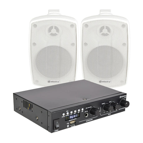 The Adastra 2 x Outdoor Wall Speakers with front grilles and visible logos are paired with a black compact stereo amplifier with knobs and input ports—ideal for creating a weatherproof audio kit.